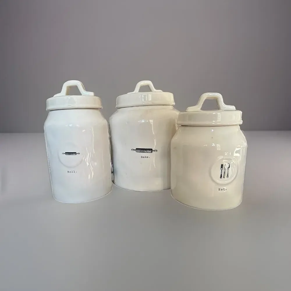 RAE DUNN Ceramic Canister Set Of 3 Roll Bake Eat Air Tight Lid READ